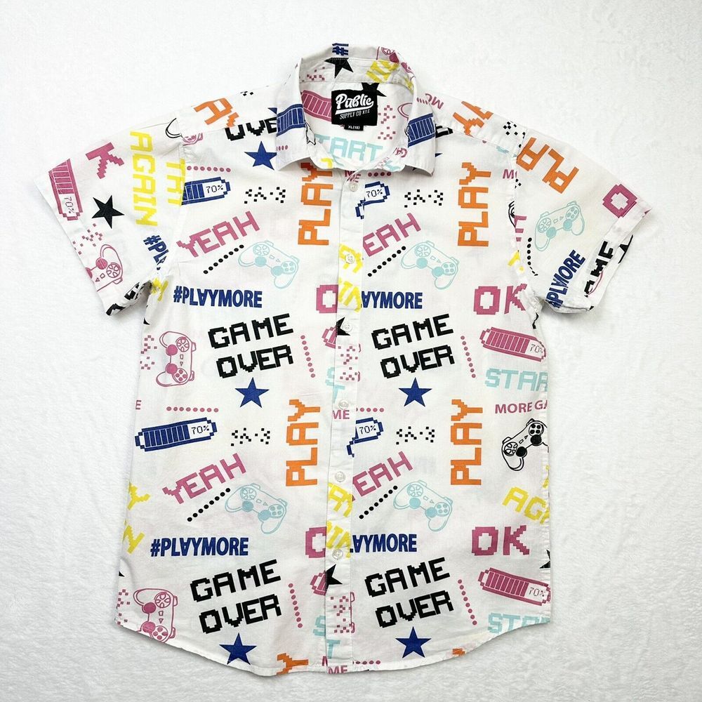 Public Supply Co Shirt Boys 18 XL Short Sleeve Button Down Video Game 80s AOP